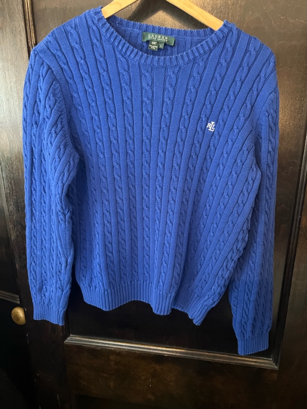 Ralph Lauren Cobalt Blue Cable Crewneck Sweater. Size Large